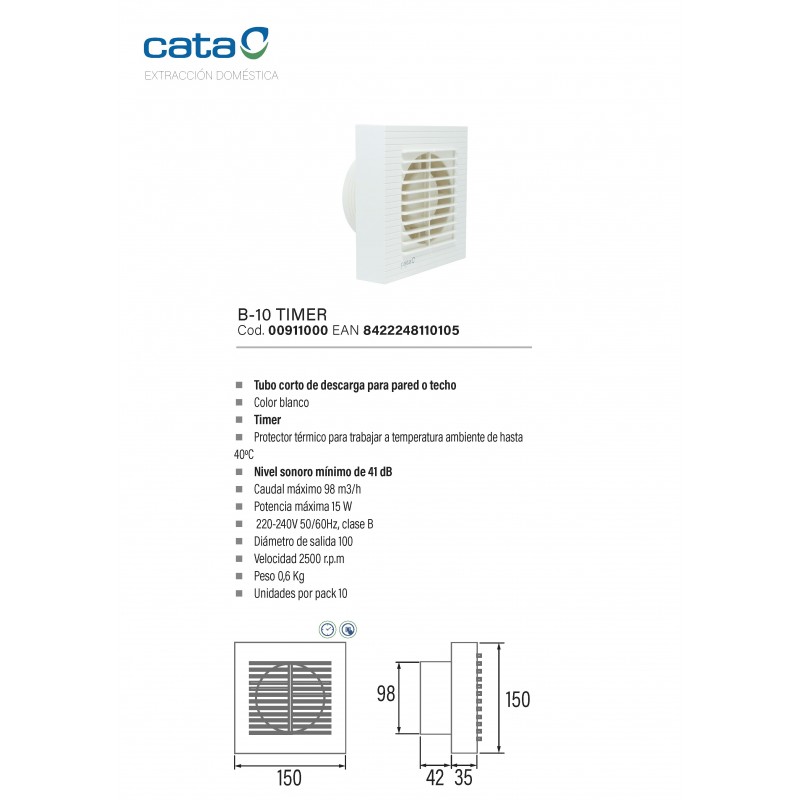 EXTRACTOR CATA B10T 98 M3H BAÑO BLANCO TUBO CORTO DE DESCARGA PARA