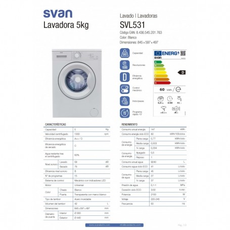 SVL531 - Lavadora blanca de 5 kg de Svan