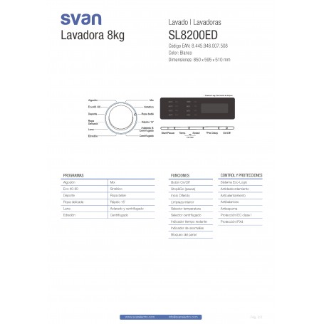 SL8200ED - Lavadora blanca de 8kg de Svan