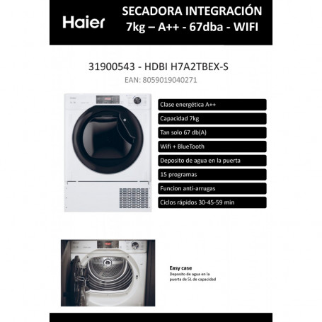 HAIER Secadora integrable Condensación HDBI H7A2TBEX-S, 7 Kg, Integrable,Clase  A++