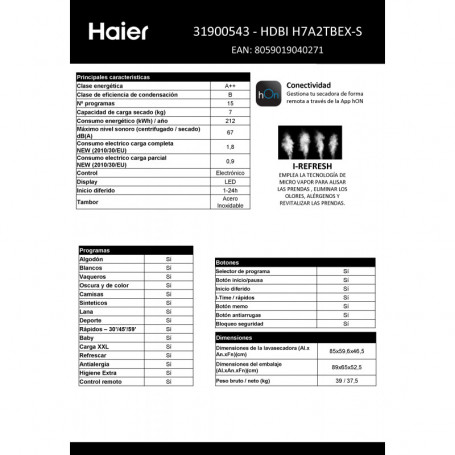 HAIER Secadora integrable Condensación HDBI H7A2TBEX-S, 7 Kg, Integrable,Clase  A++