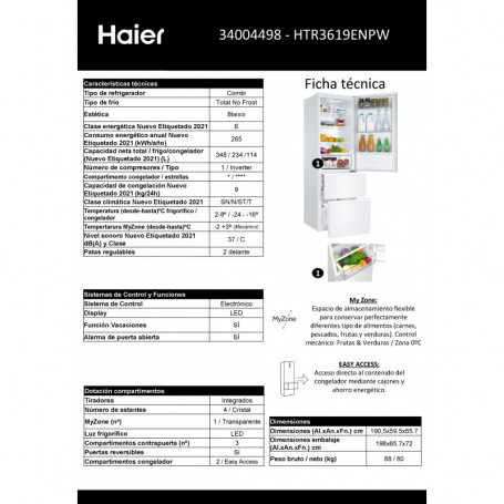 Frigorífico Combi No Frost Haier E HTR3619ENPW